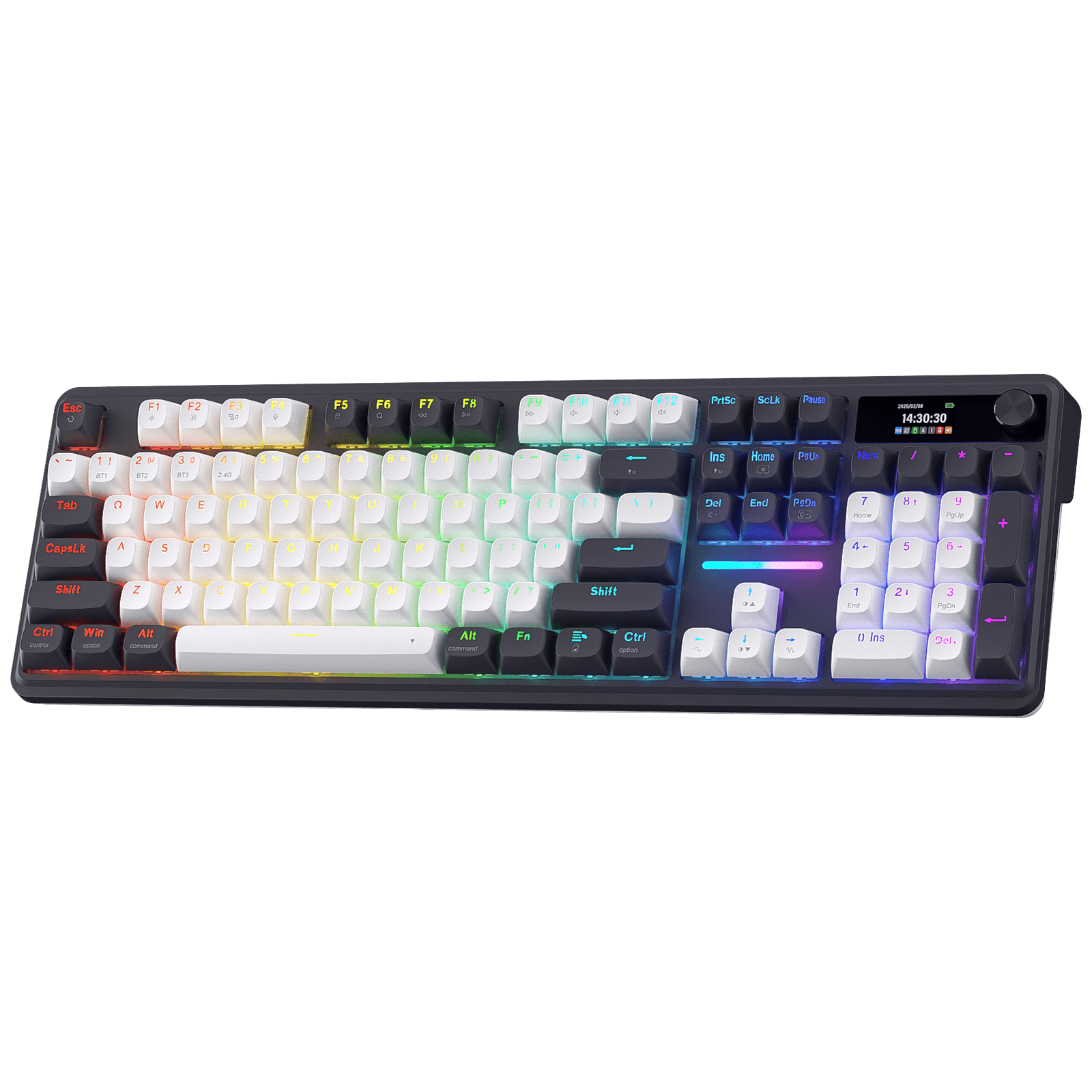 A full-size gaming keyboard (with white/black keycaps and RGB backlighting) is shown, featuring a built-in small screen and control knob on the top right. | show