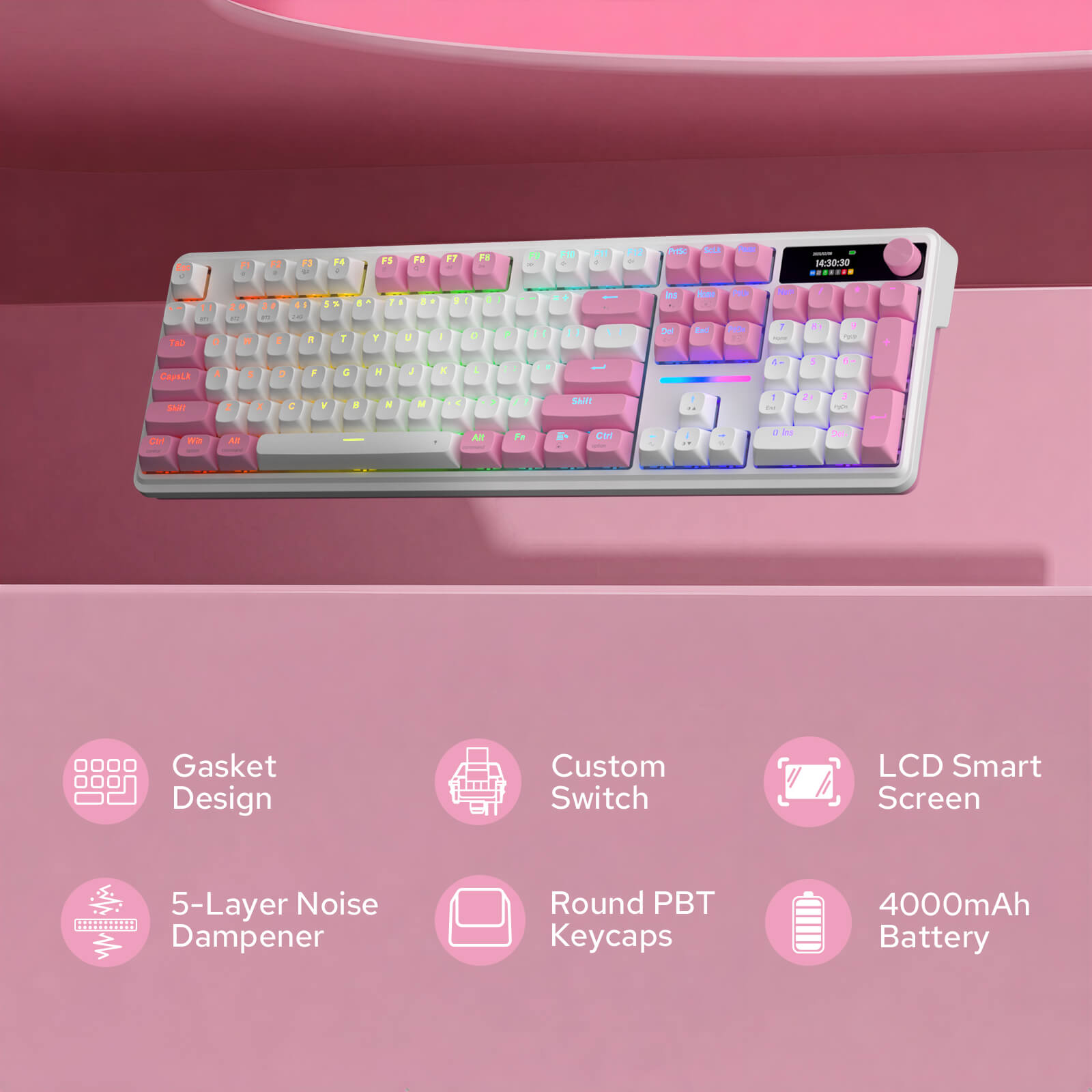 Redragon K762 Wireless Gasket Gaming Keyboard w/Hype Screen & Knob, 104 Keys Mechanical Keyboard, Easy-Control 1.14’’ TFT Info Display, 5-Layer Noise Dampening, Round PBT Keycaps, Custom Linear Switch