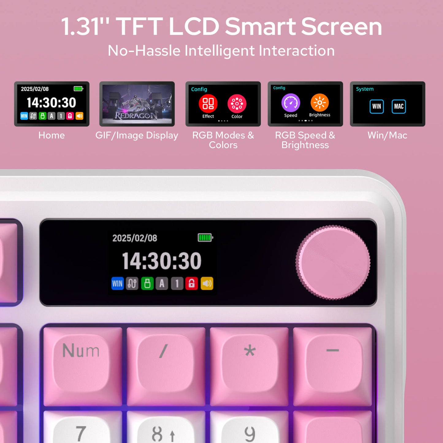 Redragon K762 Wireless Gasket Gaming Keyboard w/Hype Screen & Knob, 104 Keys Mechanical Keyboard, Easy-Control 1.14’’ TFT Info Display, 5-Layer Noise Dampening, Round PBT Keycaps, Custom Linear Switch