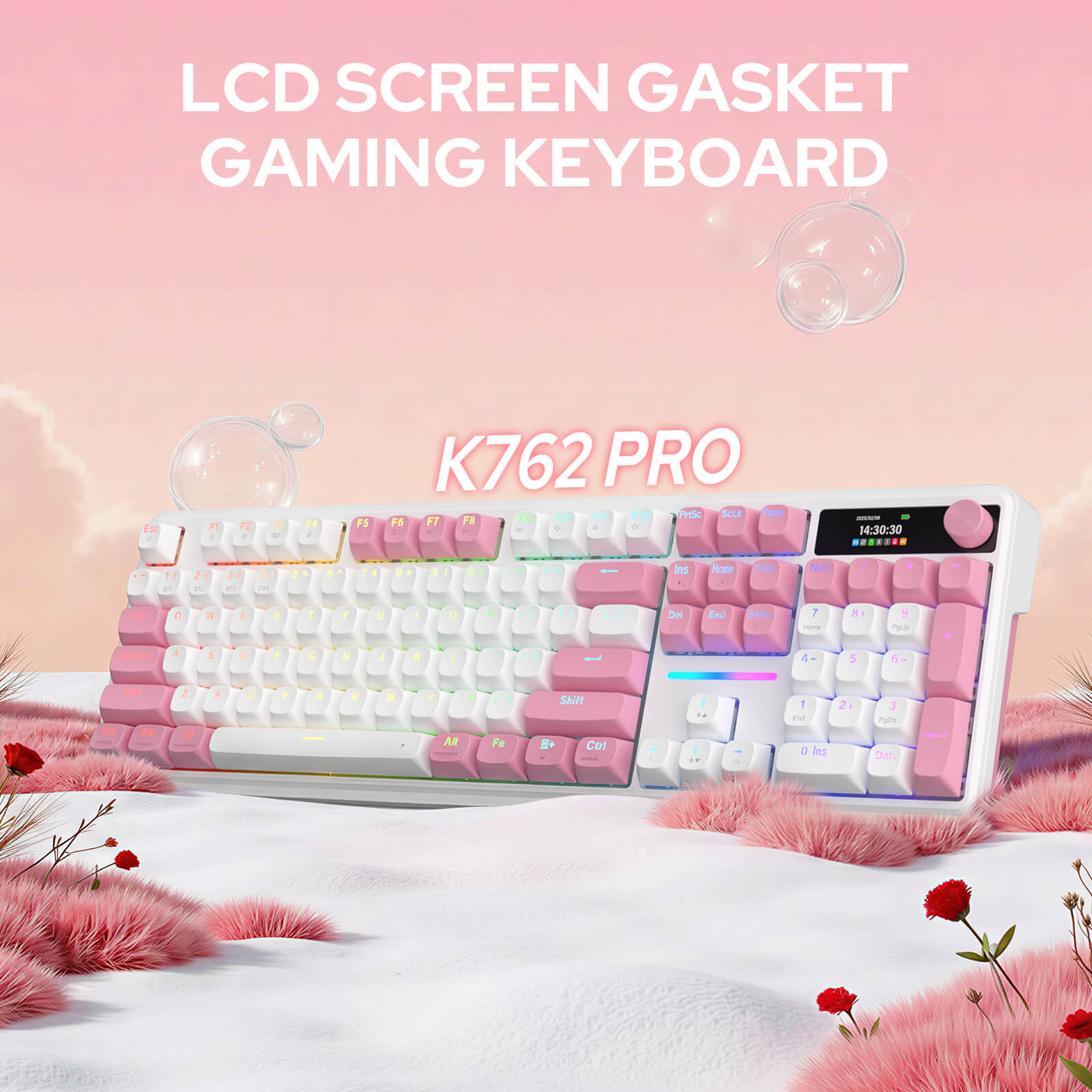 Redragon K762 Wireless Gasket Gaming Keyboard w/Hype Screen & Knob, 104 Keys Mechanical Keyboard, Easy-Control 1.14’’ TFT Info Display, 5-Layer Noise Dampening, Round PBT Keycaps, Custom Linear Switch