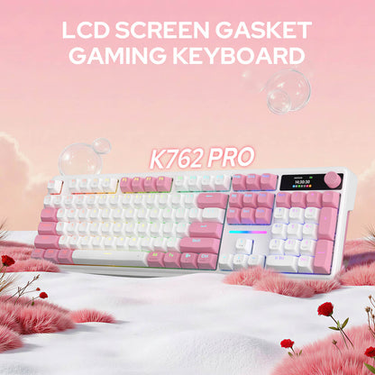 Redragon K762 Wireless Gasket Gaming Keyboard w/Hype Screen & Knob, 104 Keys Mechanical Keyboard, Easy-Control 1.14’’ TFT Info Display, 5-Layer Noise Dampening, Round PBT Keycaps, Custom Linear Switch