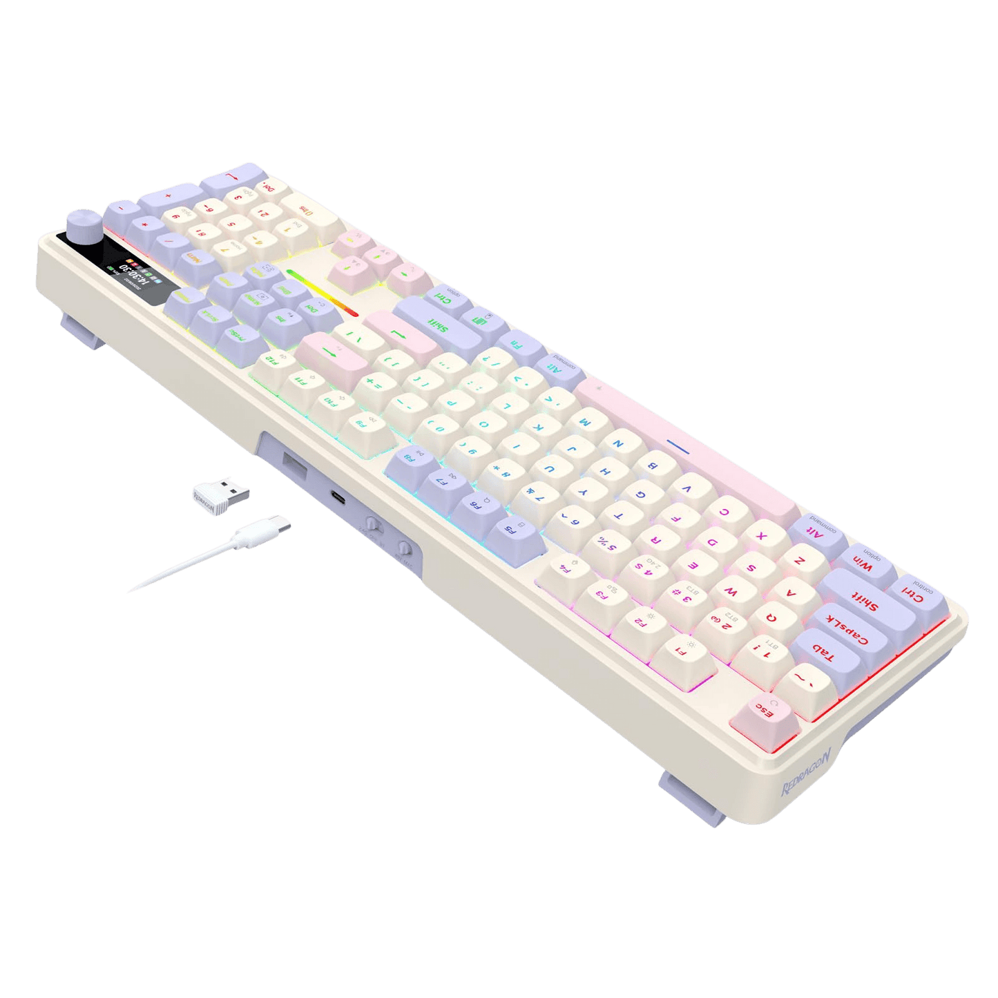 A retro-style mechanical keyboard with pastel-colored keycaps in white, pink, purple, and blue, shown diagonally on a solid black background with a USB cable and small adapter accessory.
