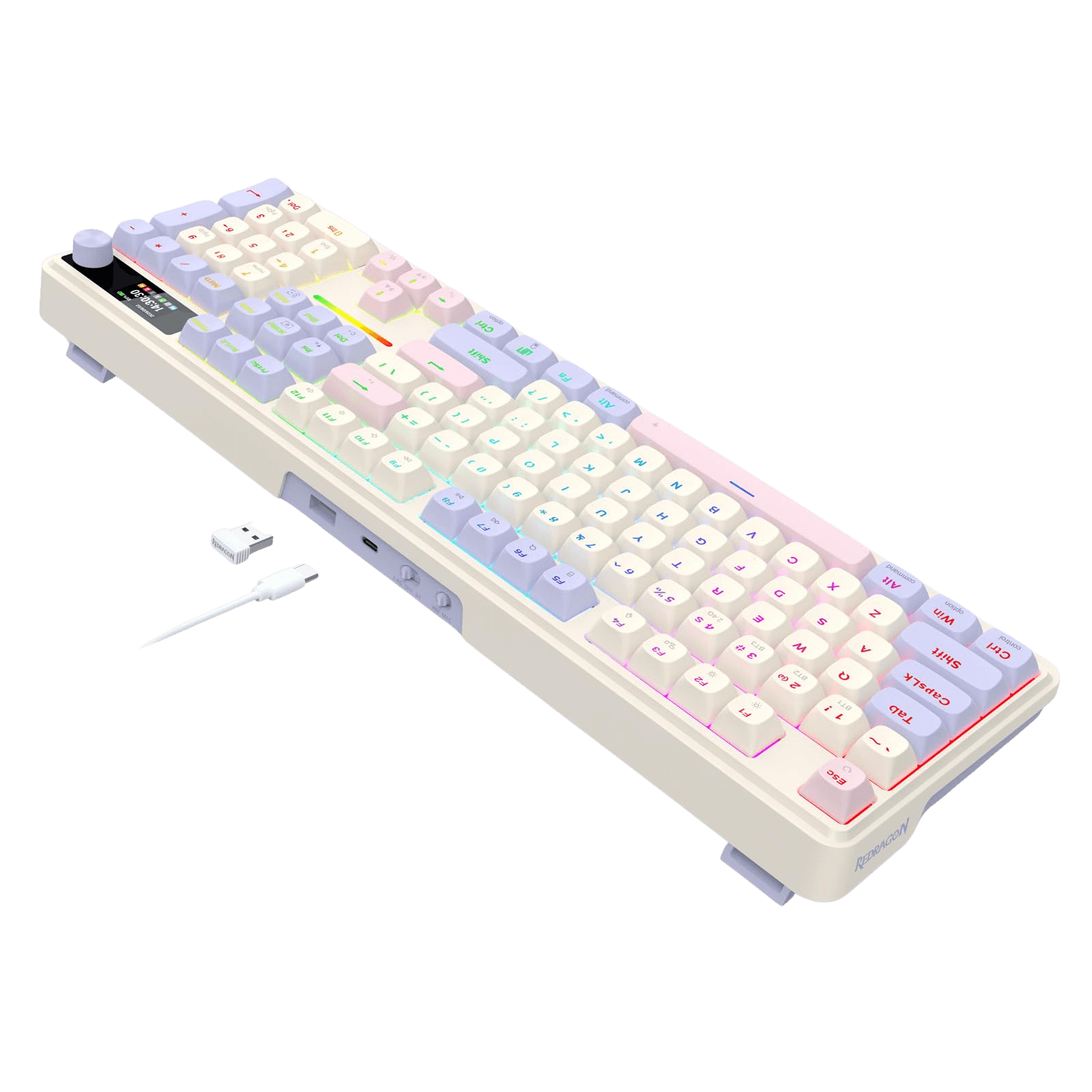 A retro-style mechanical keyboard with pastel-colored keycaps in white, pink, purple, and blue, shown diagonally on a solid black background with a USB cable and small adapter accessory.