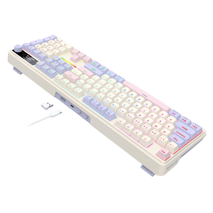 A retro-style mechanical keyboard with pastel-colored keycaps in white, pink, purple, and blue, shown diagonally on a solid black background with a USB cable and small adapter accessory.