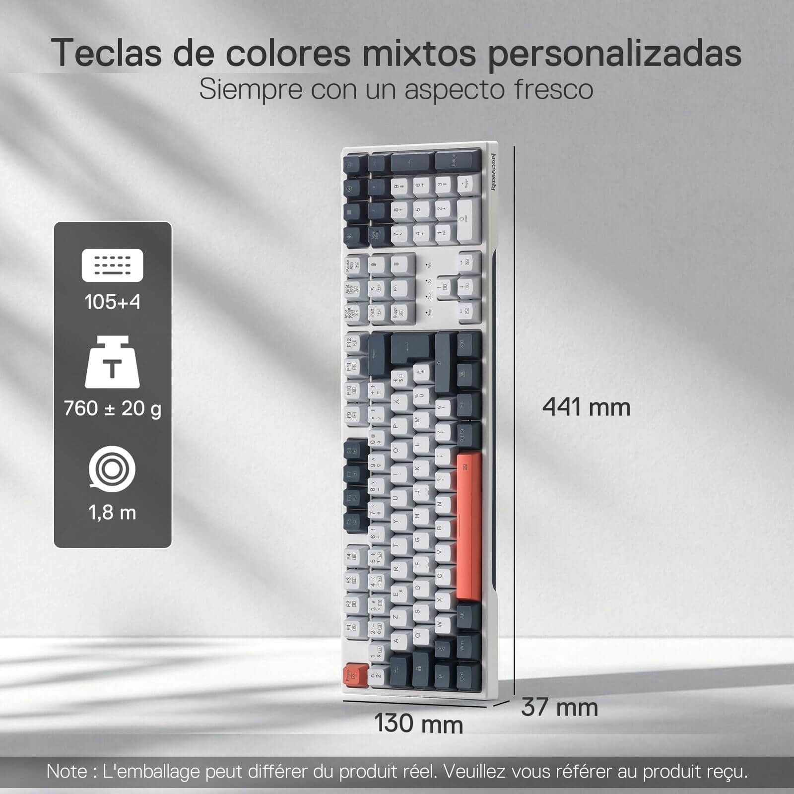 The mixed-color custom keycaps are featured, with the keyboard’s dimensions (441×130×37mm) and weight (760±20g) clearly indicated.