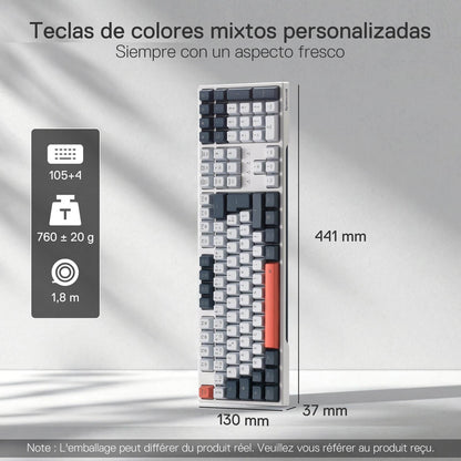 The mixed-color custom keycaps are featured, with the keyboard’s dimensions (441×130×37mm) and weight (760±20g) clearly indicated.