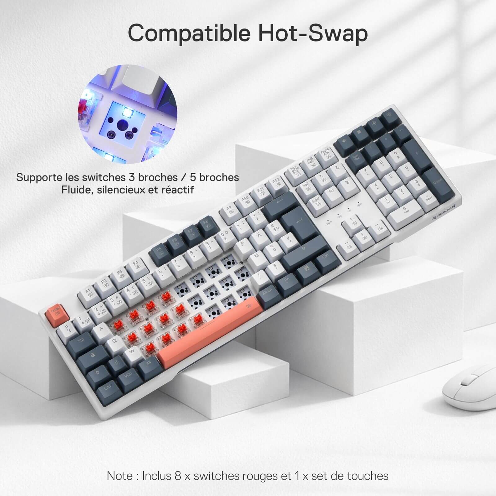 The hot-swappable design is highlighted, supporting 3/5-pin switches for smooth, quiet, and responsive typing, with 8 red switches and a keycap set included.