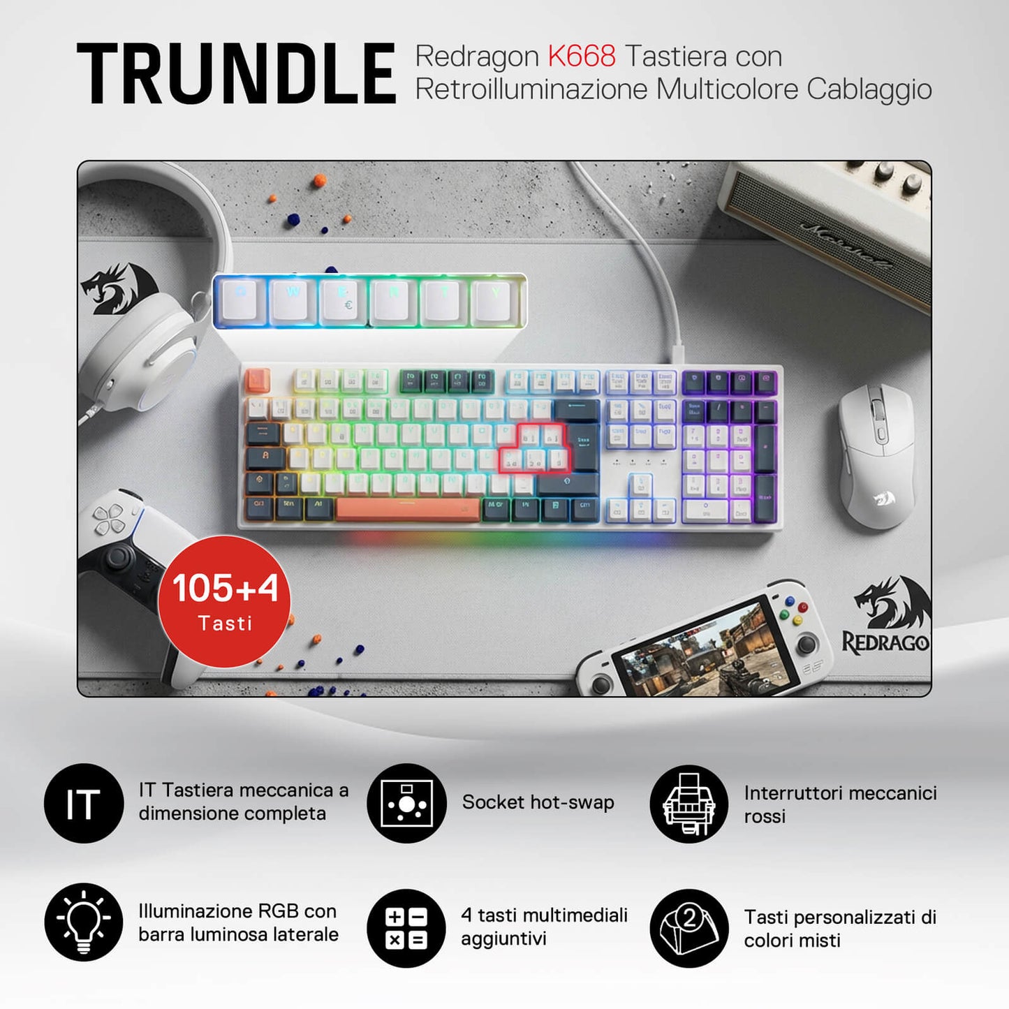 The Redragon K668 Trundle full-size mechanical keyboard is showcased, featuring 105+4 keys, hot-swappable sockets, red mechanical switches, RGB side lighting, and mixed-color custom keycaps.