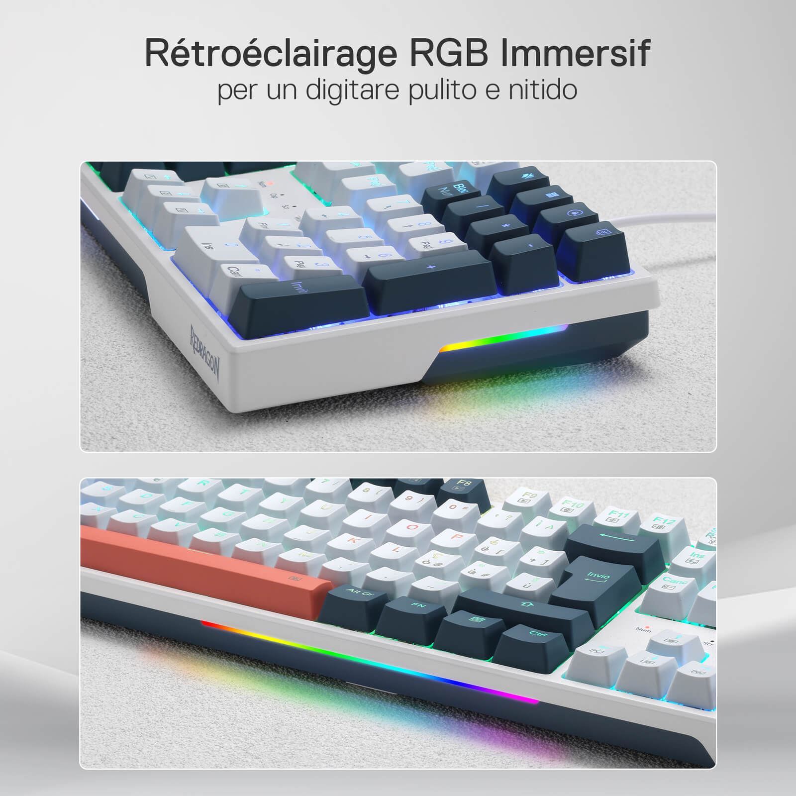 Immersive RGB backlighting is highlighted, with vibrant side light strips and per-key illumination enhancing the typing experience.