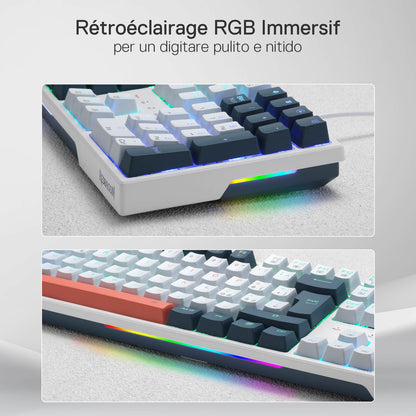 Immersive RGB backlighting is highlighted, with vibrant side light strips and per-key illumination enhancing the typing experience.