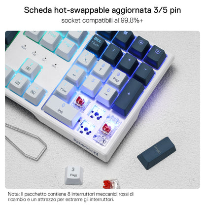 Immersive RGB backlighting is highlighted, with vibrant side light strips and per-key illumination enhancing the typing experience.