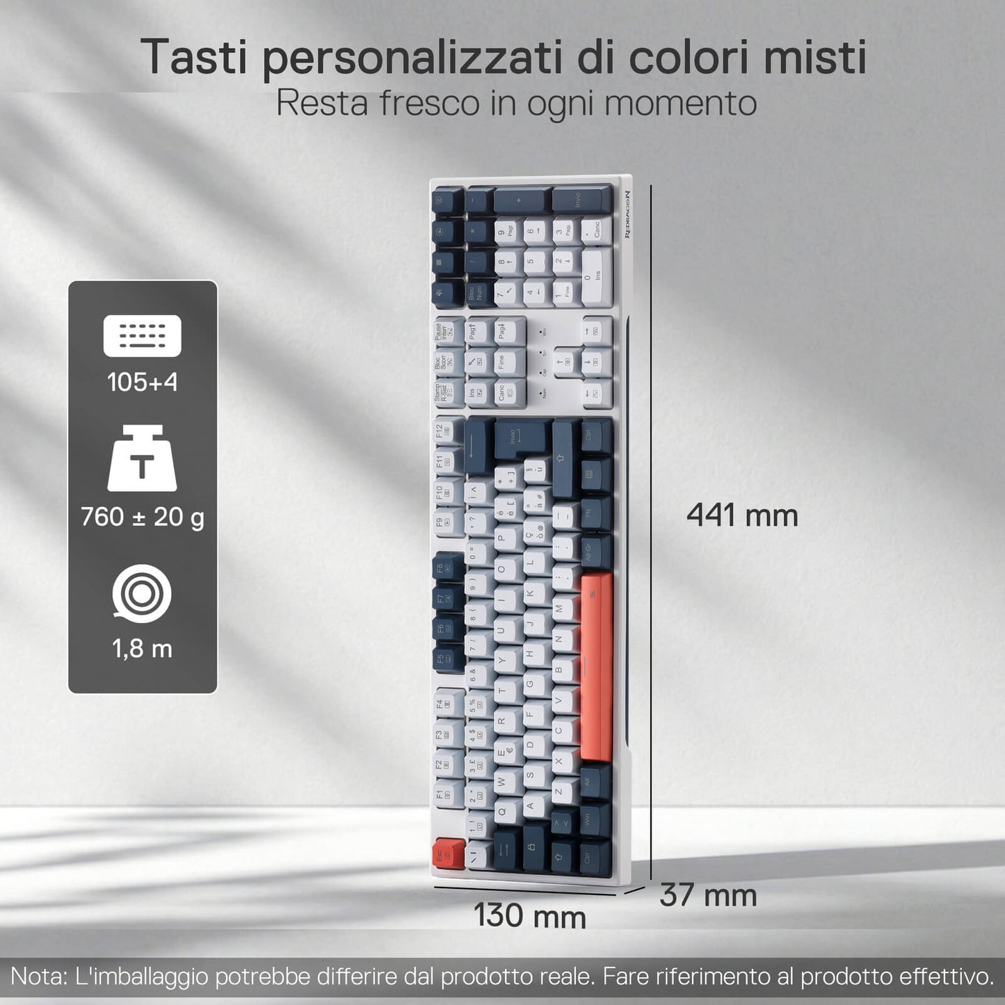 The mixed-color custom keycaps are featured, with the keyboard’s dimensions (441×130×37mm) and weight (760±20g) clearly indicated.