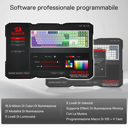Professional programmable software is demonstrated, offering 16.8 million colors, 21 lighting modes, macro editing, and music-synced effects for full customization.
