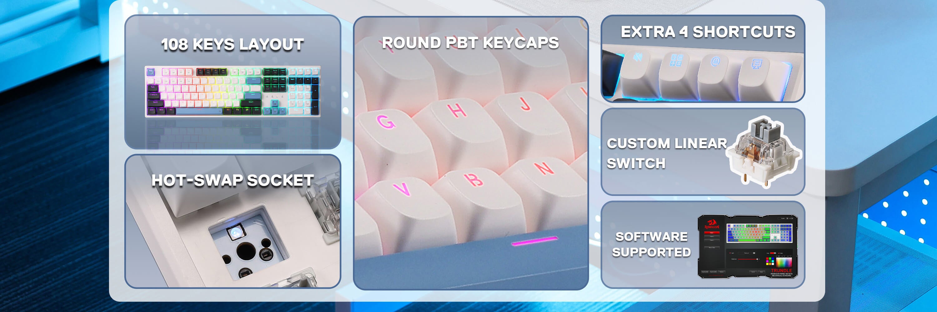 Keyboards with features like key layout, keycaps, and software support on a blue gradient background.