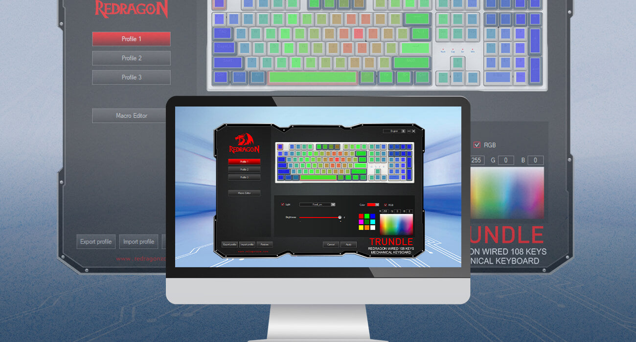 Redragon Computer monitor displaying a software interface with colorful keyboard layout on a blue gradient background