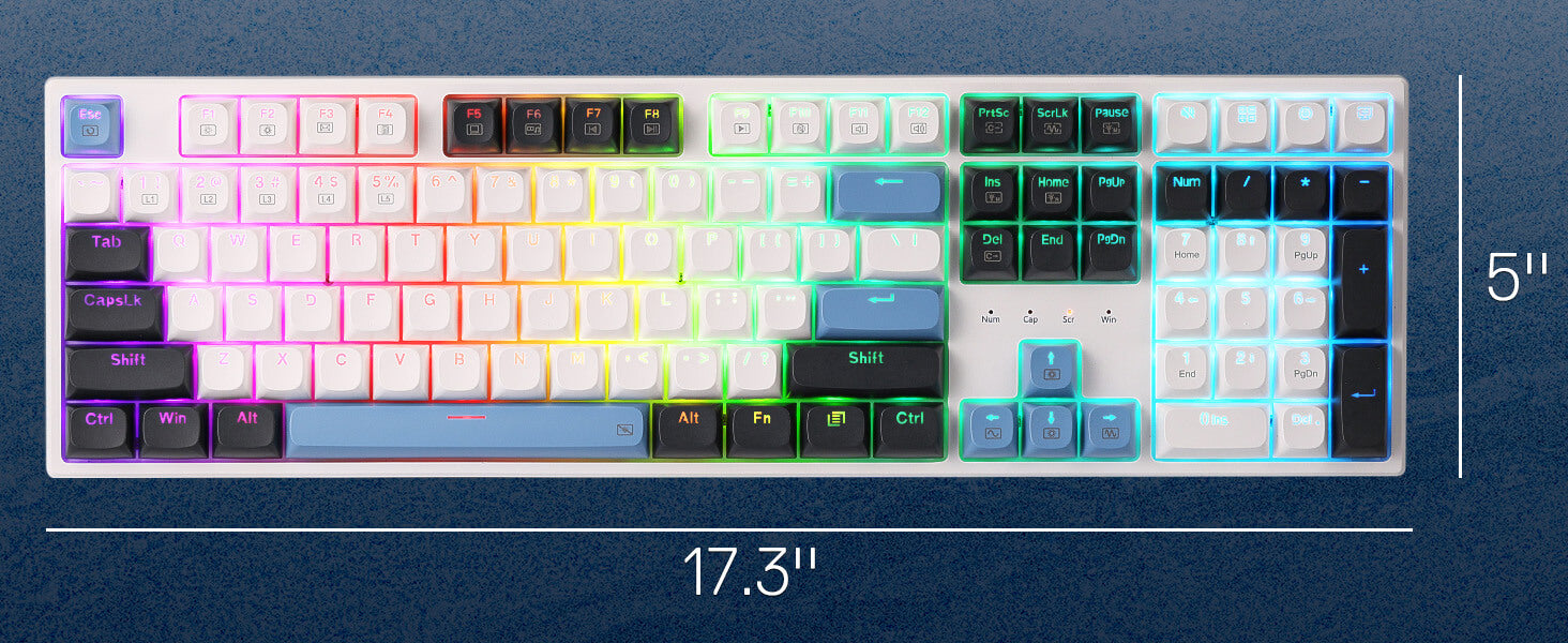 Redragon Gaming keyboard with RGB backlighting on a blue background, showing dimensions.