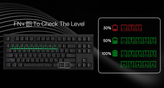 Redragon Mechanical keyboard with digital display showing battery level indicators on a black background