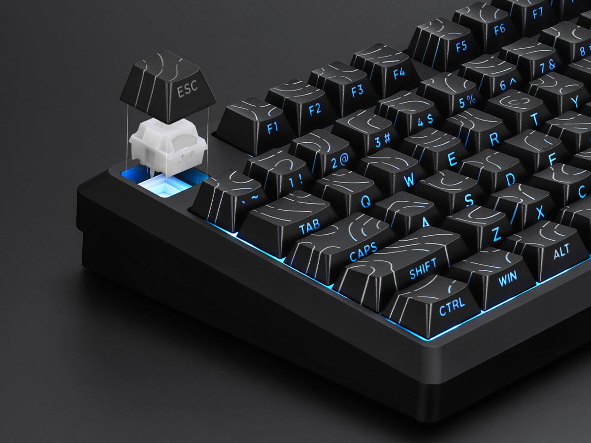 Mechanical keyboard with a focus on the keycaps and key layout on a dark background