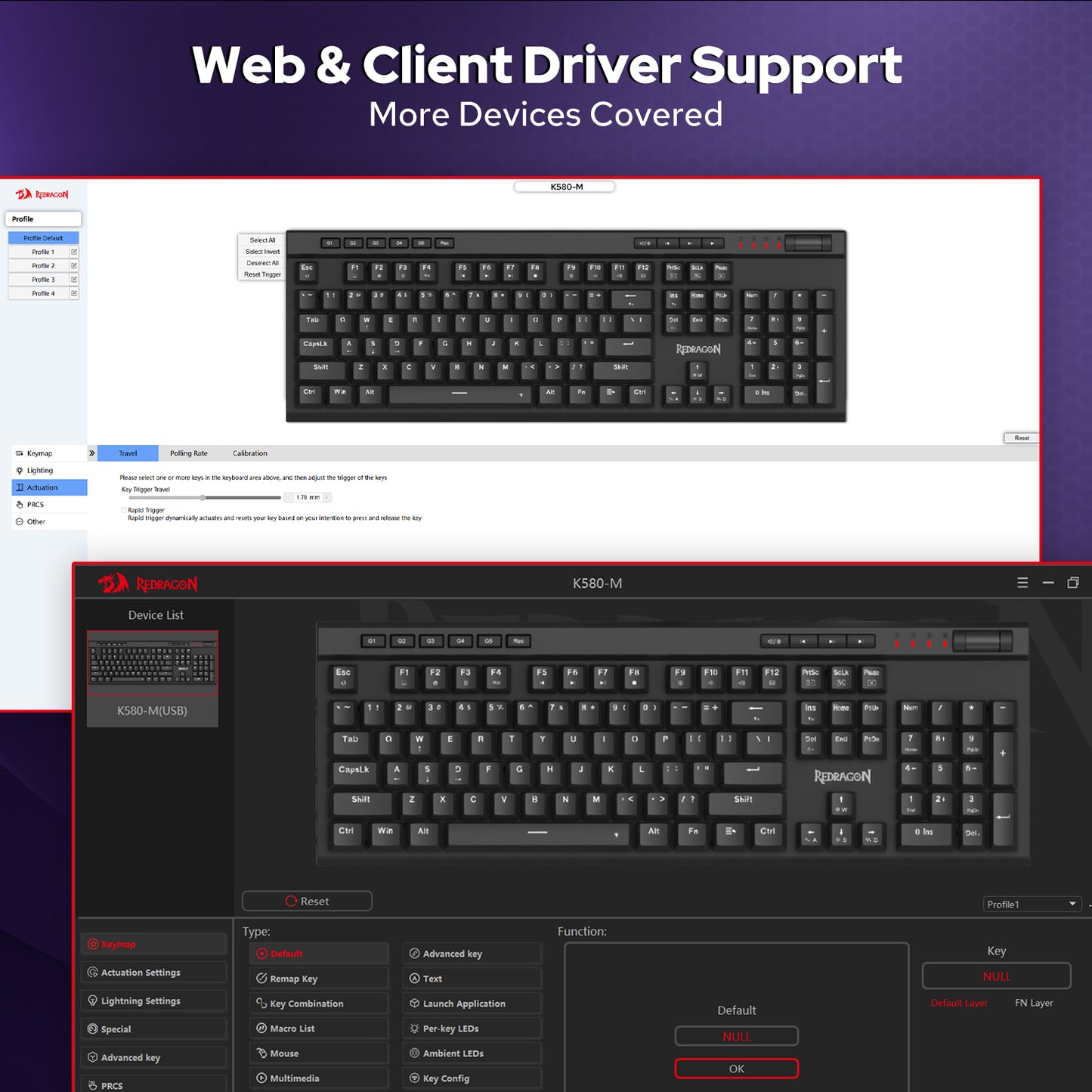 Redragon_VATA_K580_HE, Promotional graphic for a keyboard driver support software tool, showing screenshots of a device list interface and a keyboard layout with the text 'Web & Client Driver Support' and 'More Devices Covered'.
