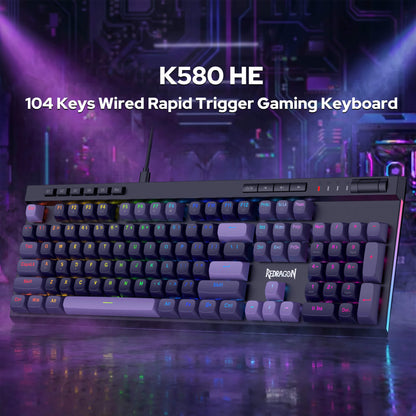 Redragon K580 HE Rapid Trigger Gaming Keyboard, 100% 104 Keys Wired Mechanical Keyboard w/Hyper-Fast Actuation, 8K Hall Effect Magnetic Switch, Dedicated Media Controls, Onboard Macro Recording