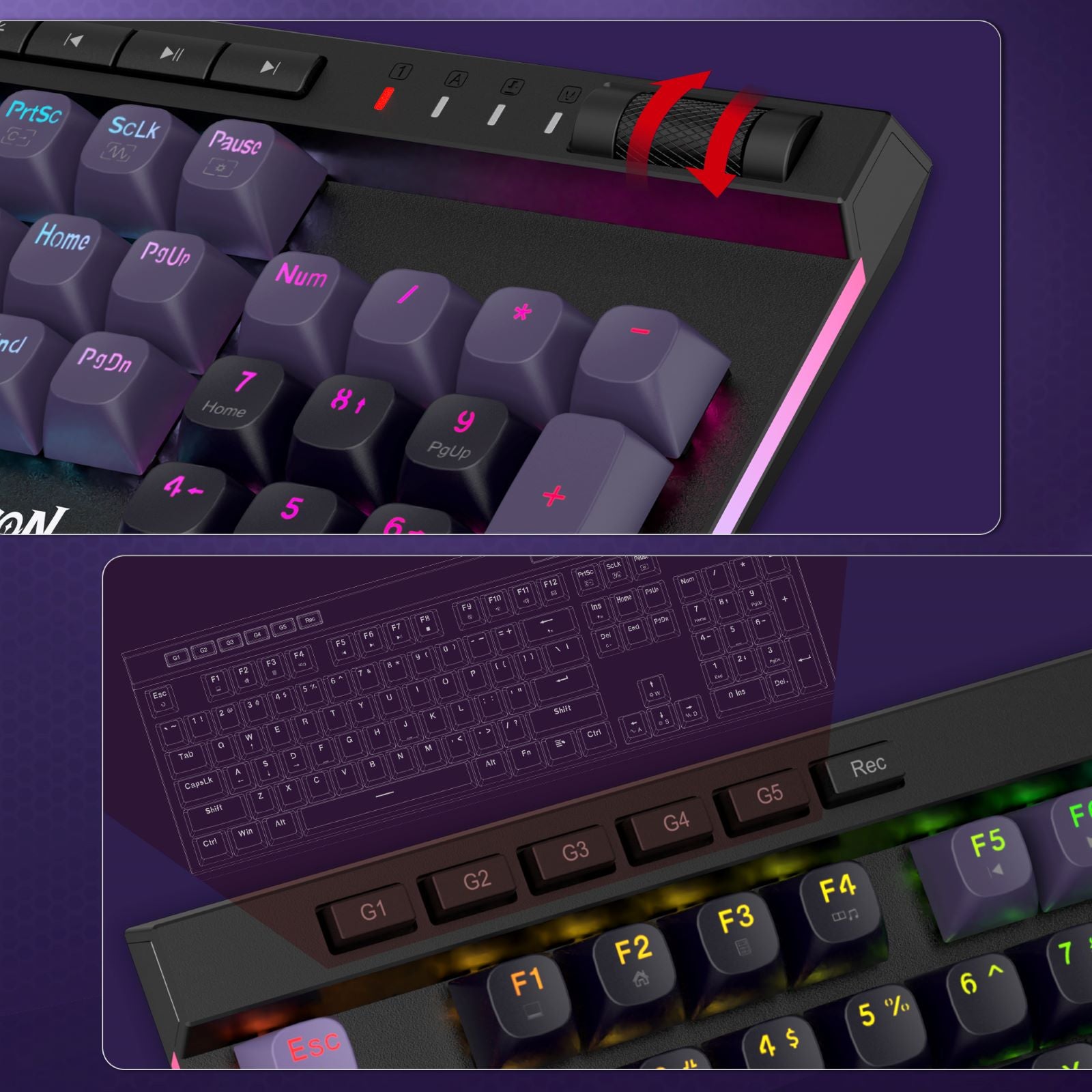 Close-up of a mechanical keyboard with dark gray and black keycaps, pink backlighting, and a red adjustment knob detail, shown on a purple background with inset views of the keyboard layout and lighting.
