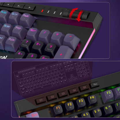 Close-up of a mechanical keyboard with dark gray and black keycaps, pink backlighting, and a red adjustment knob detail, shown on a purple background with inset views of the keyboard layout and lighting.