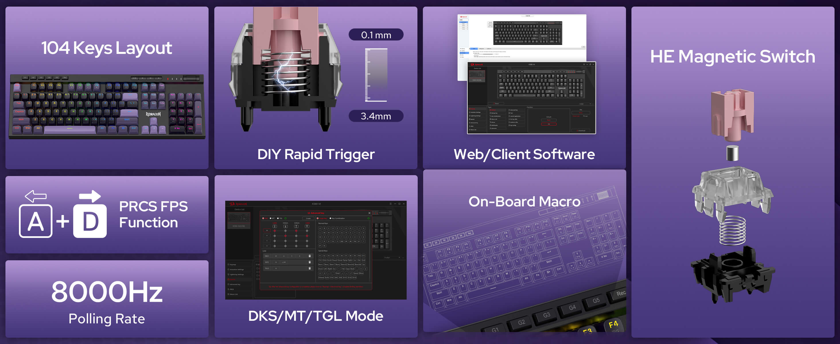 Redragon 
VATA K580 HE (Magnetic Hall Effect Keyboard), HE magnetic switch, PRCS FPS function, 8000Hz polling rate, DKS/MT/TGL mode, and on-board macro.