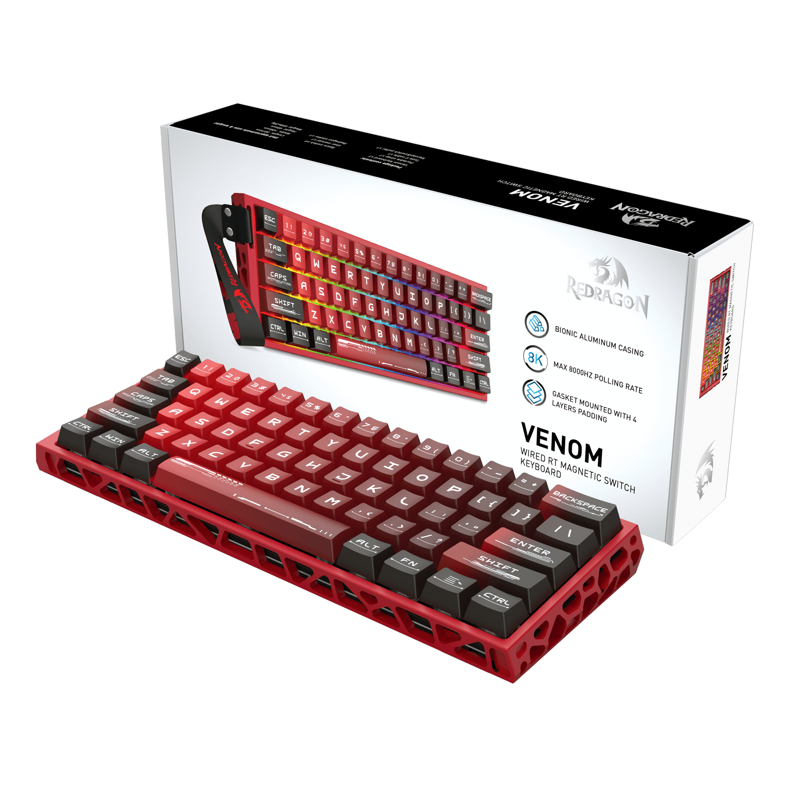 Redragon K753 HE Rapid Trigger Gaming Keyboard, 60% 61 Keys Wired Mechanical Keyboard w/Hype-Red Hollowed-Out Aluminum Base, Next-Gen UltraMag 100% POM Silky Rappid Trigger Magnetic Switch