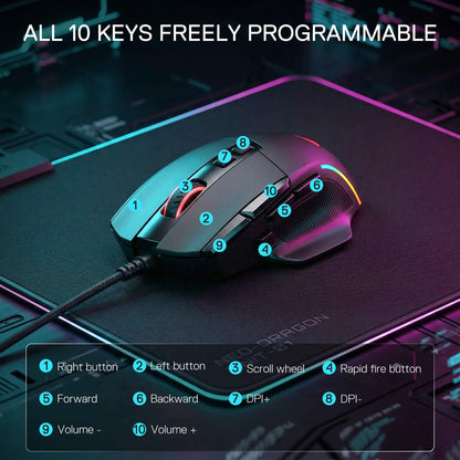 Redragon M925 Wired Gaming Mouse, 24,000 Max DPI Optical Gaming Mouse with 10 Programmable Buttons, Ergonomic Natural Grip Build, Software Supports DIY Keybinds & DPI, Black