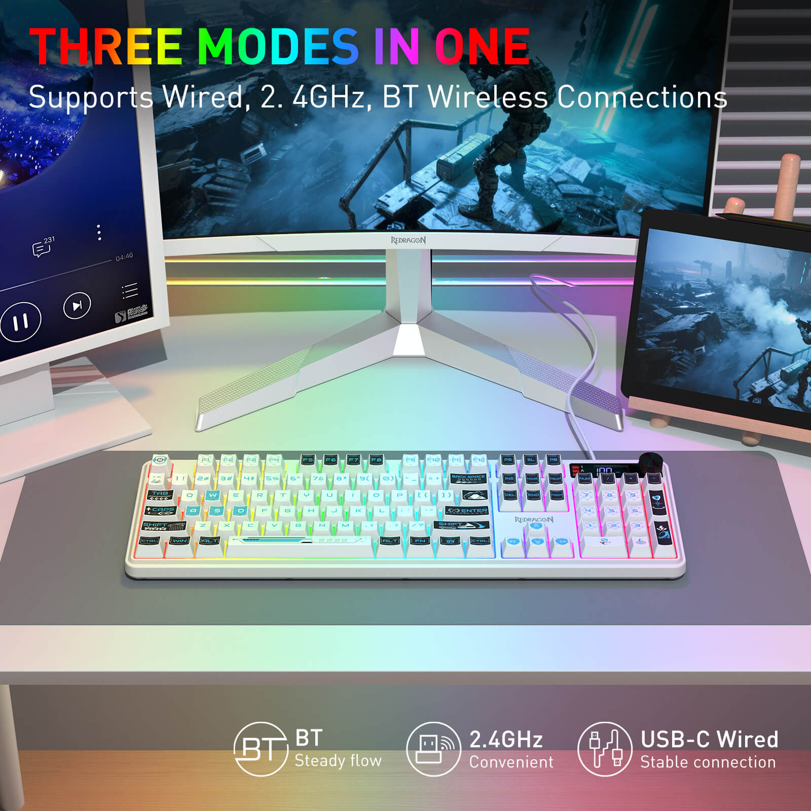 Redragon K526 PRO RGB Wireless Membrane Gaming Keyboard, 104 Keys Mechanical-Feel Keyboard w/LED Info Display, Media/Backlit Knob Control, Smooth Linear Switch & Software Supported