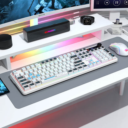 Redragon K526 PRO RGB Wireless Membrane Gaming Keyboard, 104 Keys Mechanical-Feel Keyboard w/LED Info Display, Media/Backlit Knob Control, Smooth Linear Switch & Software Supported