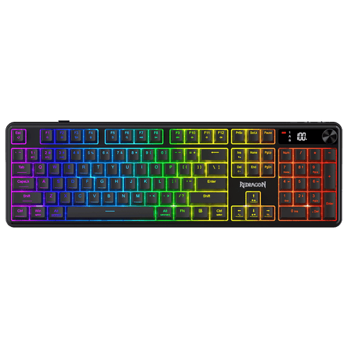 Redragon K526 PRO RGB Wireless Membrane Gaming Keyboard, 104 Keys Mechanical-Feel Keyboard w/LED Info Display, Media/Backlit Knob Control, Smooth Linear Switch & Software Supported