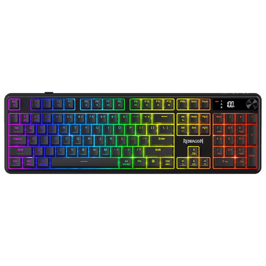 Redragon K526 PRO RGB Wireless Membrane Gaming Keyboard, 104 Keys Mechanical-Feel Keyboard w/LED Info Display, Media/Backlit Knob Control, Smooth Linear Switch & Software Supported
