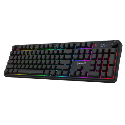 Redragon K526 PRO RGB Wireless Membrane Gaming Keyboard, 104 Keys Mechanical-Feel Keyboard w/LED Info Display, Media/Backlit Knob Control, Linear Switch & Software Supported (Side Printed Font)
