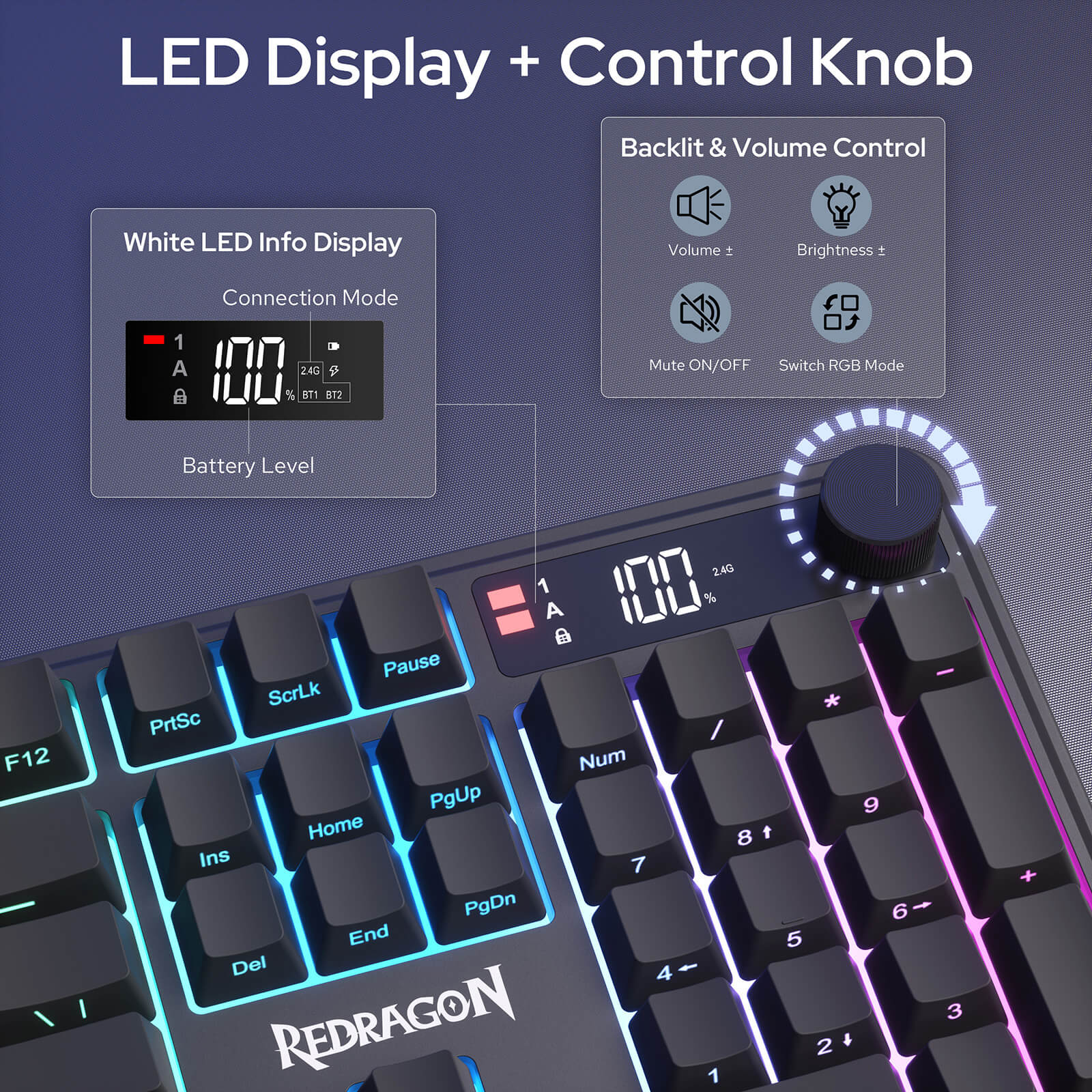 Redragon K526 PRO RGB Wireless Membrane Gaming Keyboard,LED Info Display, Media/Backlit Knob Control
