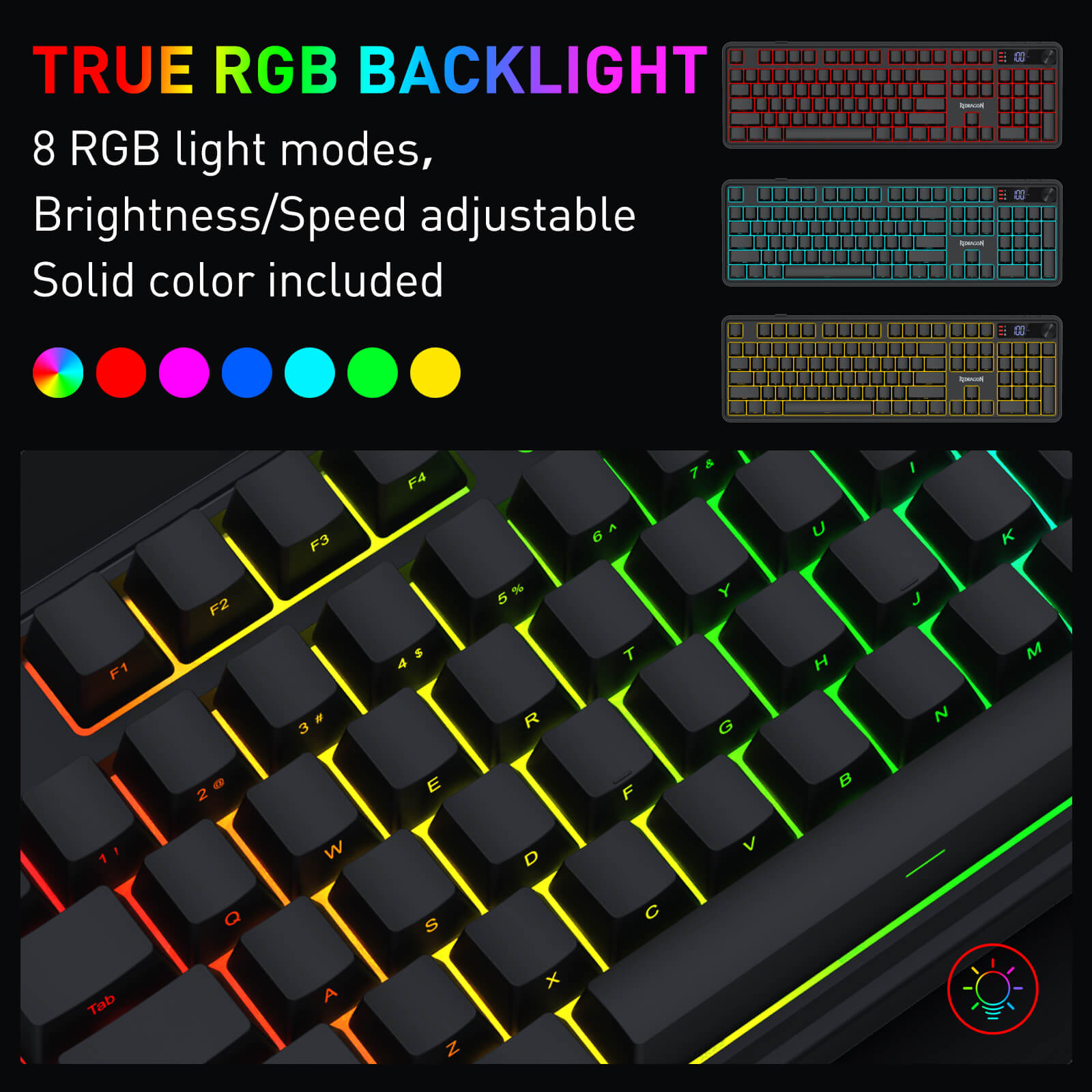 Redragon K526 PRO RGB Wireless Membrane Gaming Keyboard, 104 Keys Mechanical-Feel Keyboard w/LED Info Display, Media/Backlit Knob Control, Linear Switch & Software Supported (Side Printed Font)