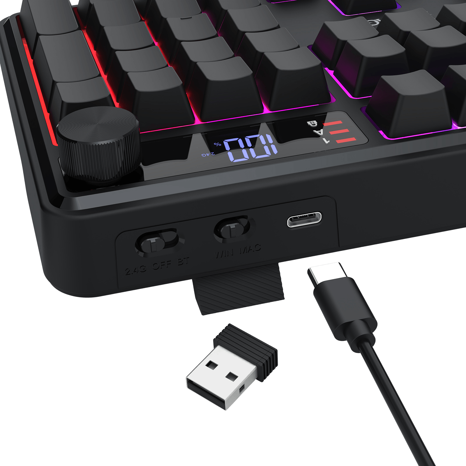 Redragon K526 PRO RGB Wireless Membrane Gaming Keyboard, 104 Keys Mechanical-Feel Keyboard w/LED Info Display, Media/Backlit Knob Control, Linear Switch & Software Supported (Side Printed Font)