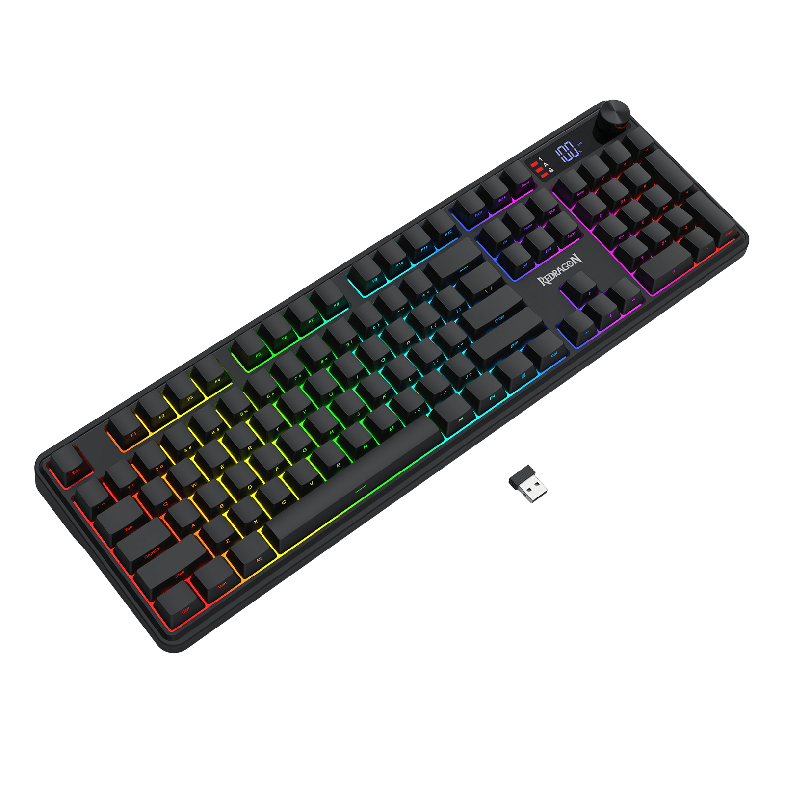 Redragon K526 PRO RGB Wireless Membrane Gaming Keyboard, 104 Keys Mechanical-Feel Keyboard w/LED Info Display, Media/Backlit Knob Control, Linear Switch & Software Supported (Side Printed Font)