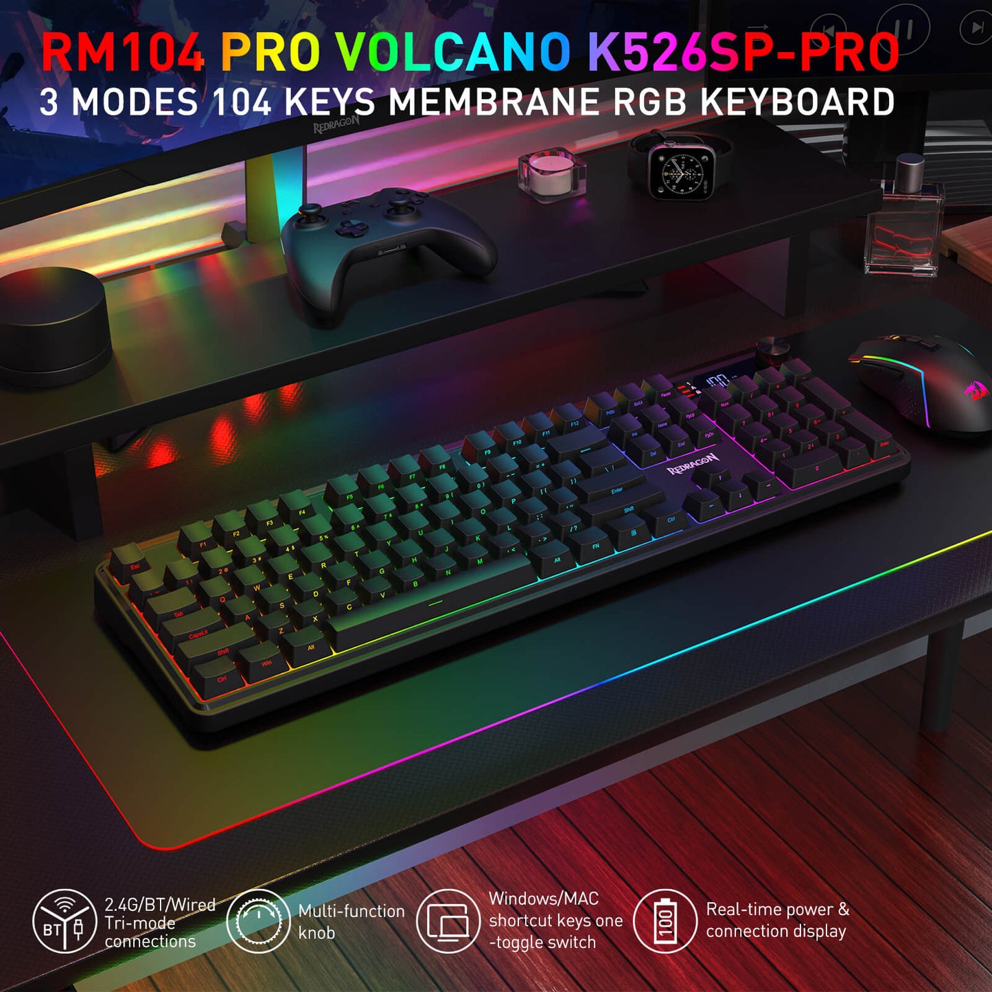 Redragon K526 PRO RGB Wireless Membrane Gaming Keyboard, 104 Keys Mechanical-Feel Keyboard w/LED Info Display, Media/Backlit Knob Control, Linear Switch & Software Supported (Side Printed Font)