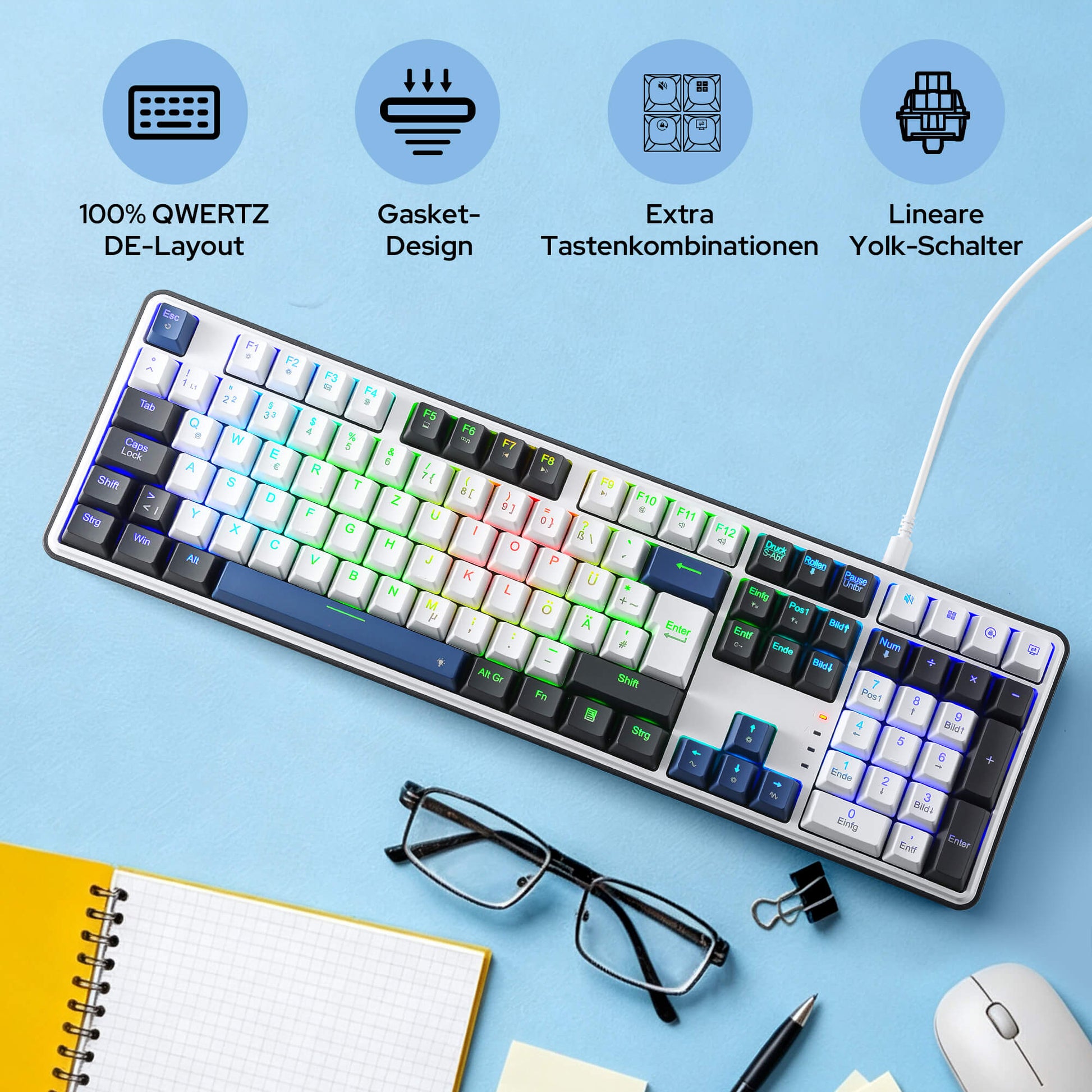 Redragon K689 QWERTZ Kabelgebundene Gasket Gaming‑Tastatur Hot‑Swap
4 Zusatzhotkeys 3‑lagiger Geräuschdämpfung bunte Tastenkappen 19 RGB‑Modi Anti‑Ghosting PRO‑Software USB‑C Kabelgebunden
