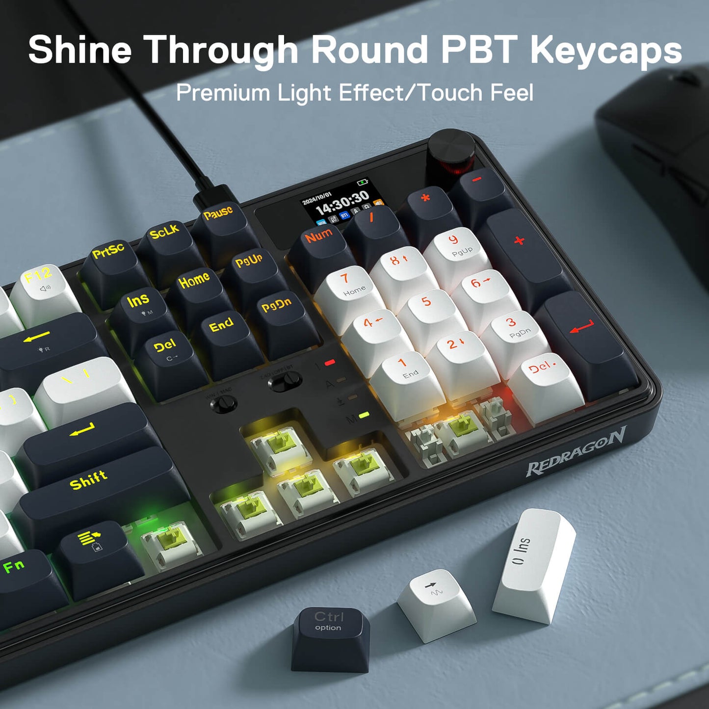 The keyboard’s shine-through round PBT keycaps are featured, with some keycaps removed to expose the Mint Mambo switches, delivering a premium light effect and tactile feel.