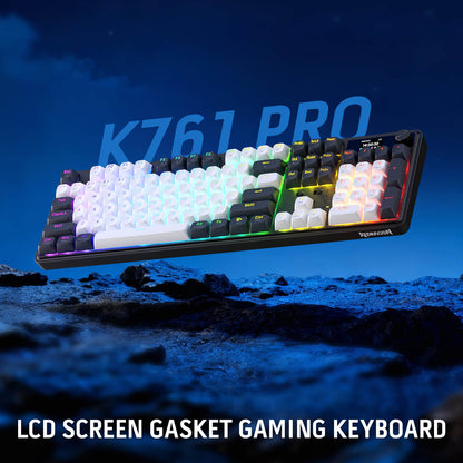 The Redragon K761 Pro LCD screen gasket gaming keyboard is displayed against a rocky, blue-hued background, emphasizing its sleek design and RGB backlighting.