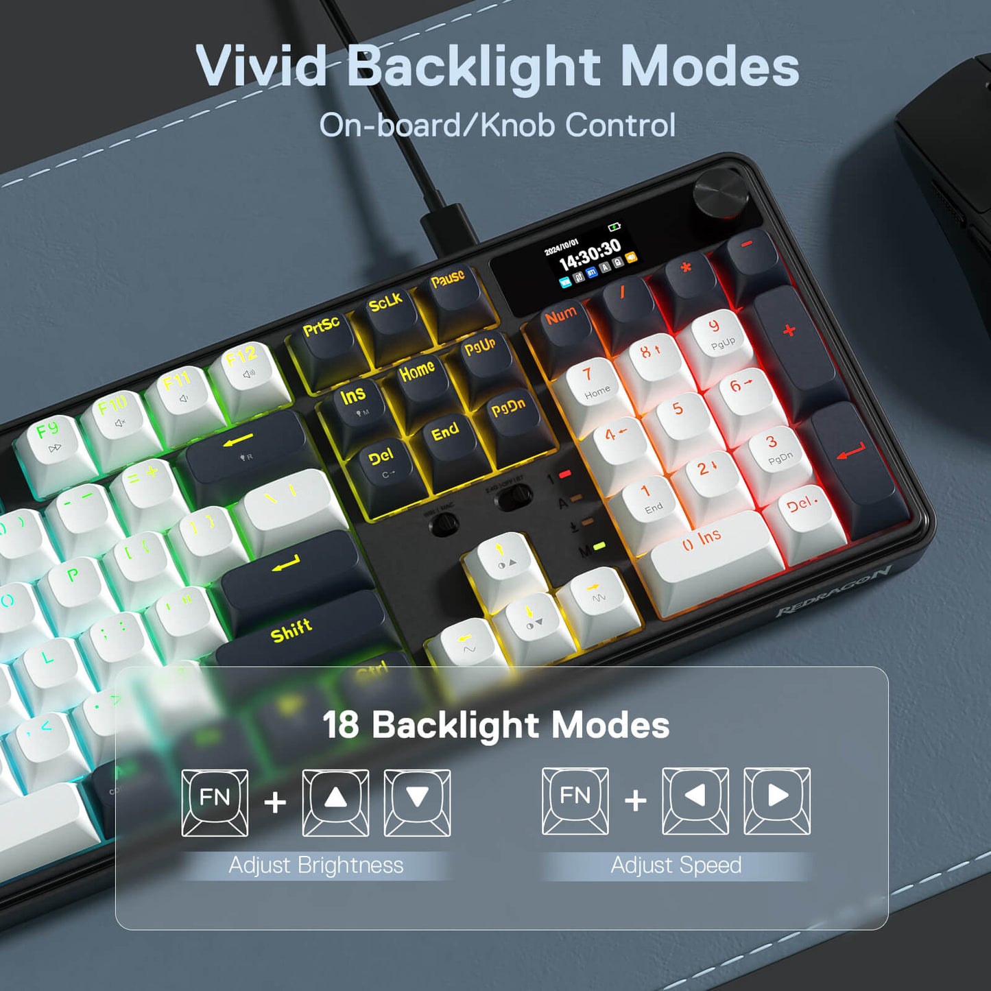 The keyboard’s shine-through round PBT keycaps are featured, with some keycaps removed to expose the Mint Mambo switches, delivering a premium light effect and tactile feel.