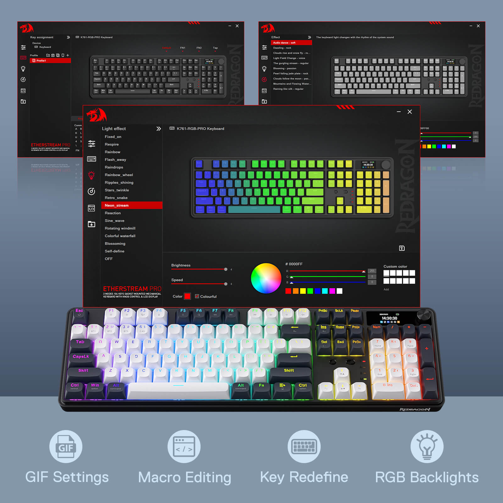 The Redragon K761 Pro keyboard is paired with its Etherstream Pro software, showing customizable features like GIF settings, macro editing, key redefinition, and RGB backlight controls.