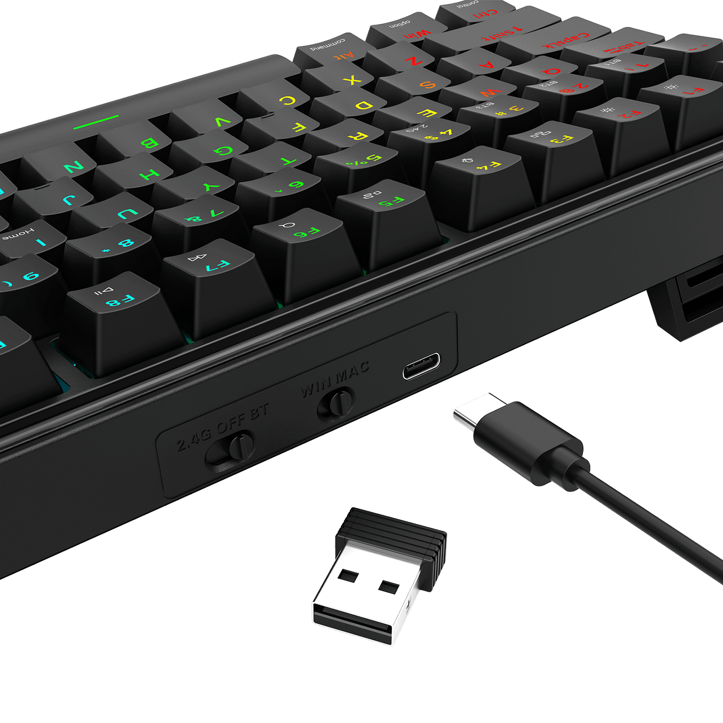 A close-up of the Redragon mechanical keyboard shows its 3-mode connection switch (2.4G/BT/Off), USB-C charging port, 2.4GHz receiver, and RGB backlighting.