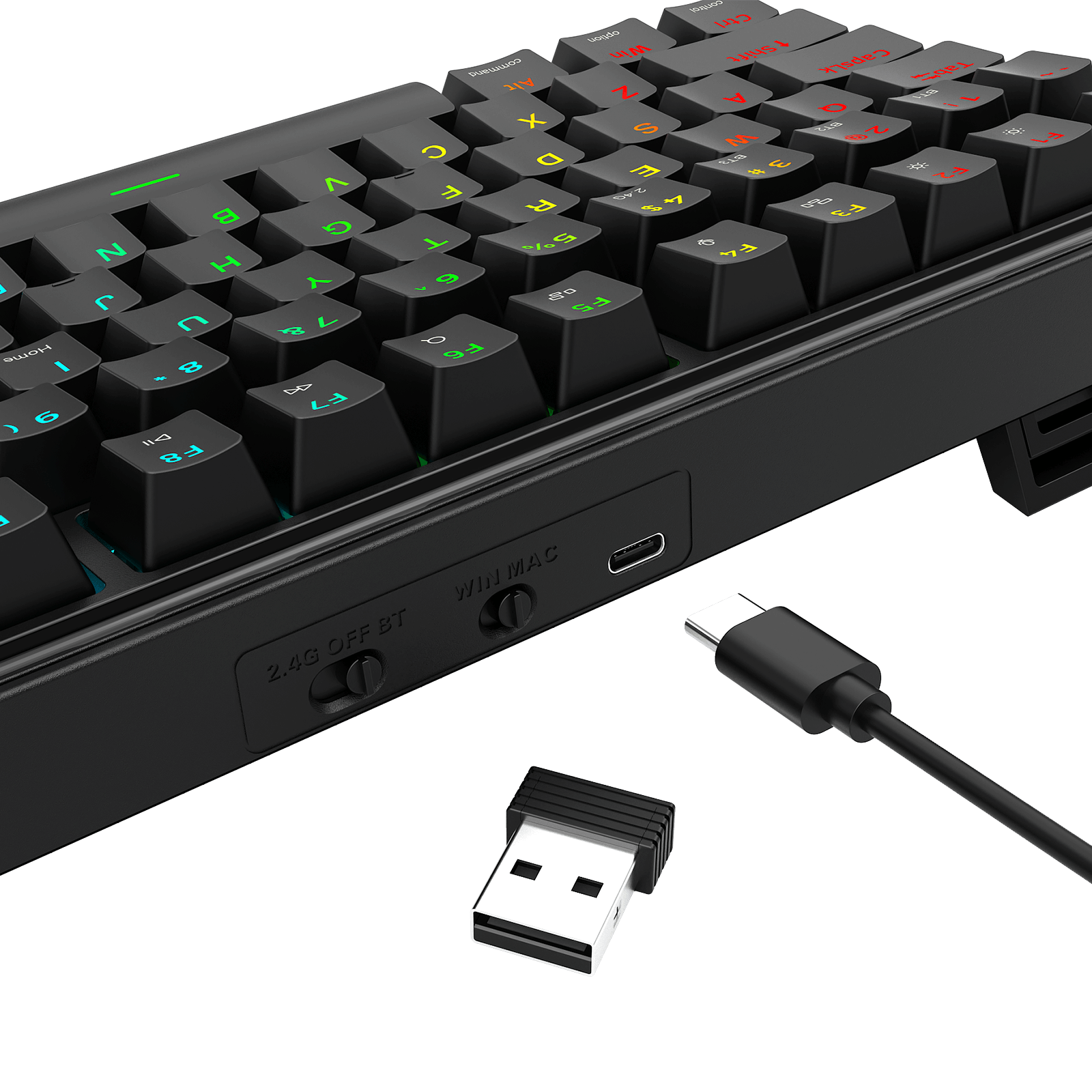 A close-up of the Redragon mechanical keyboard shows its 3-mode connection switch (2.4G/BT/Off), USB-C charging port, 2.4GHz receiver, and RGB backlighting.