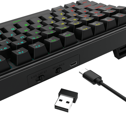 A close-up of the Redragon mechanical keyboard shows its 3-mode connection switch (2.4G/BT/Off), USB-C charging port, 2.4GHz receiver, and RGB backlighting.