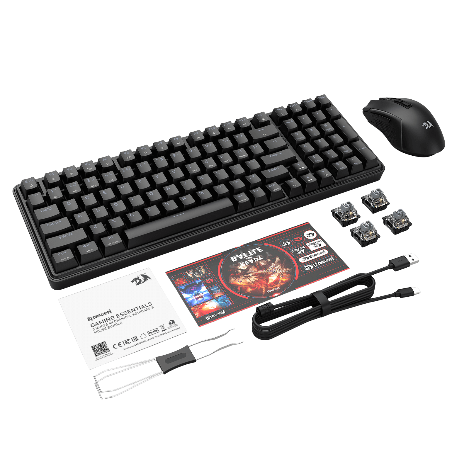 A complete Redragon gaming bundle is displayed, including a full-size mechanical keyboard, wireless mouse, extra mechanical switches, USB-C cable, keycap puller, user manual, and a "Bylife Keycap" promotional card, all laid out against a white background.