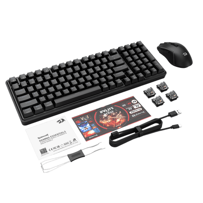 A complete Redragon gaming bundle is displayed, including a full-size mechanical keyboard, wireless mouse, extra mechanical switches, USB-C cable, keycap puller, user manual, and a "Bylife Keycap" promotional card, all laid out against a white background.