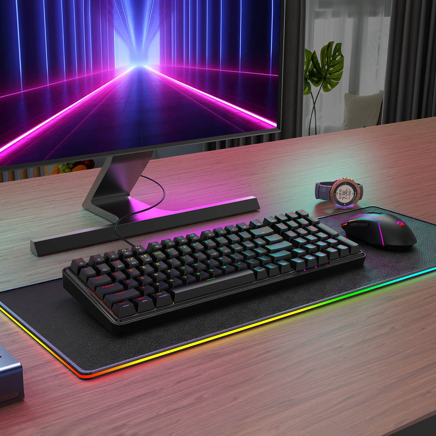 The keyboard and mouse are showcased in a modern workspace setup, with an RGB desk mat, a monitor with a neon backdrop, and a wristwatch.